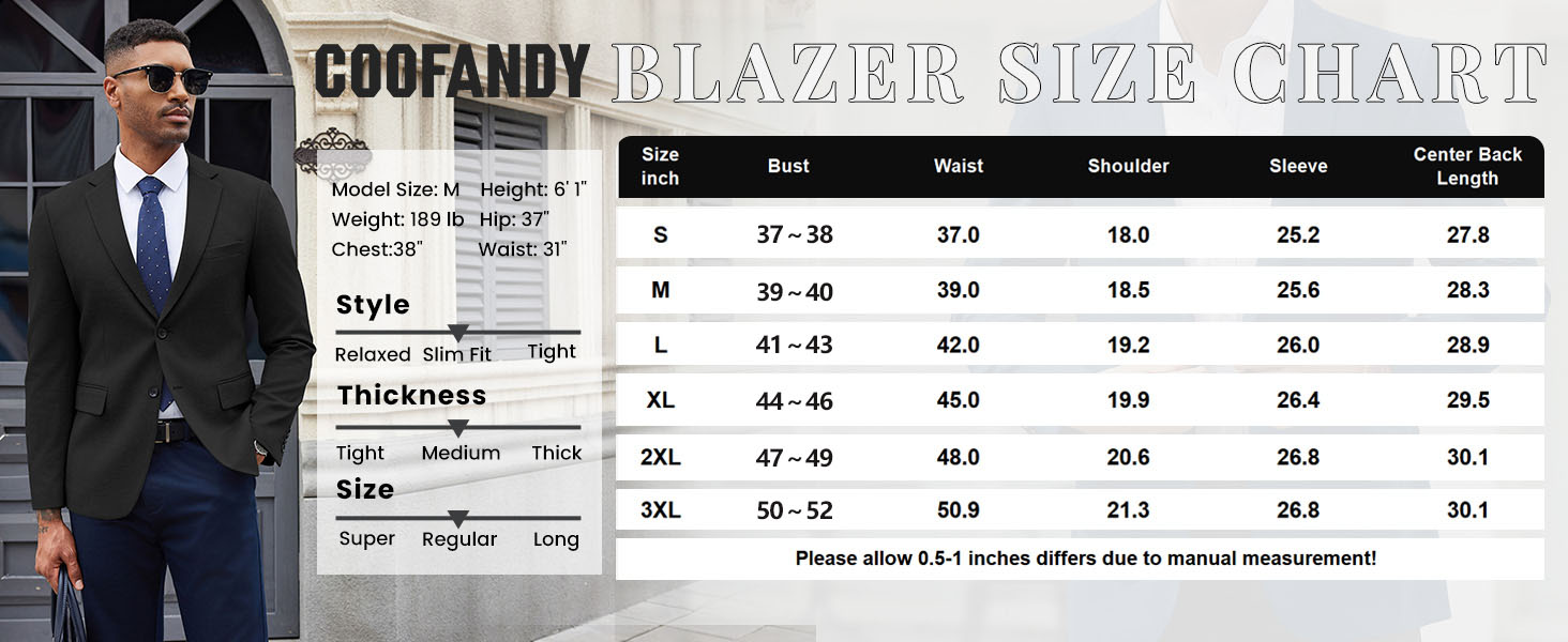 COOFANDY Mens Blazer Size Chart